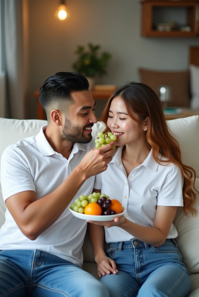 Photography of a couple sitting on a sofa, both wearing plain white polo shirts, blue jeans, a handsome young man of Indonesian descent aged 25, clean face, slicked back hair neatly combed, sitting on a white sofa. Beside him sits a beautiful Indonesian woman, long wavy hair of yellowish brown color, her hands feeding the young man grapes on a plate containing grapes and oranges that she is holding.
Family room background.
