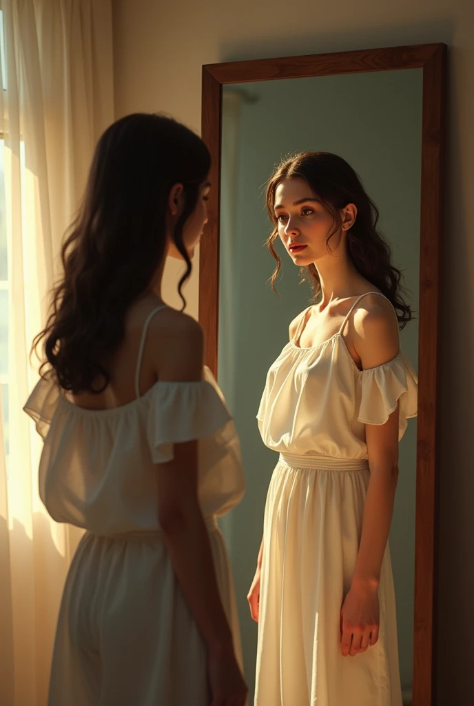 The young woman standing in front of a large mirror, her reflection gazing back at her. The room is illuminated by a warm, soft light, and she appears contemplative, as if searching for something within herself