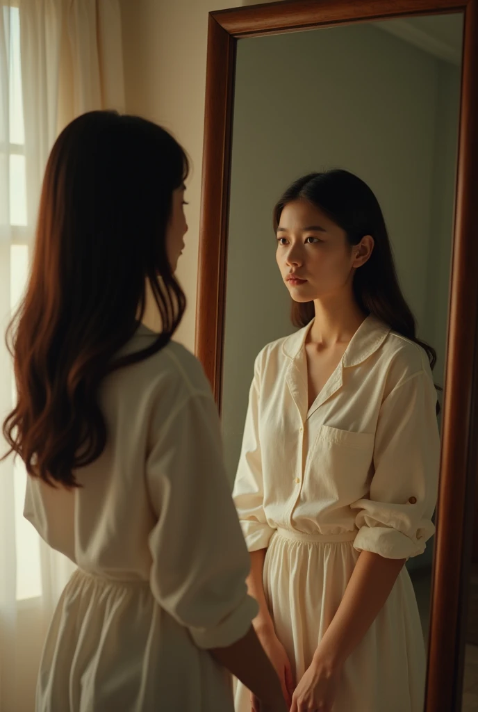 The young woman standing in front of a large mirror, her reflection gazing back at her. The room is illuminated by a warm, soft light, and she appears contemplative, as if searching for something within herself