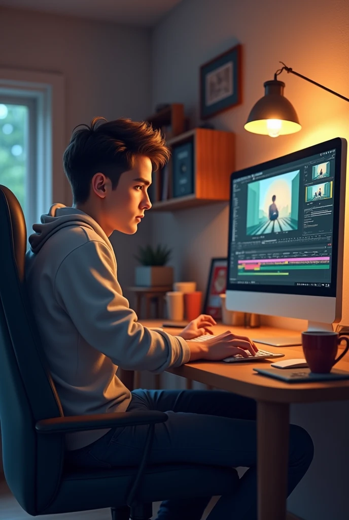 A boy 25 year old is sitting on a chair and he is editing a video on a computer screen