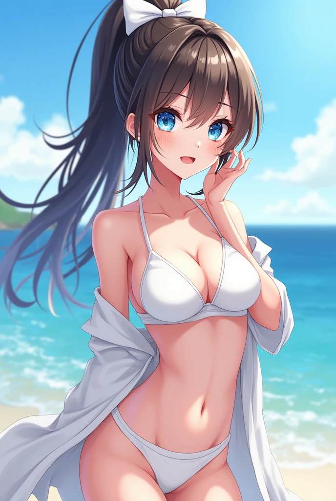 (((girl kawaii))), (a extremely delicate and beautiful girl), ((super fine illustrations)), (extremely delicate and beautiful), charactera girl, hand up, wet, girl, age girl, flowing hair, (high ponytail), (Long dark brown hair), beatiful detailed hair, extremely beautiful detailed anime face and eyes, (smile), complex details beautiful and delicate eyes, bright eyes, open mouth, cleavage, pale blue eyes, bright skin, Frill, hair bow, earrings, gem necklace, bracelet, (white bikini), cardigan, wet clothes, open coat, white Clothes, (beach), (blue sky), sunlight, back lighting, very detailed light, ((absurdres)), (((wallpaper 8k CG))), masterpiece,