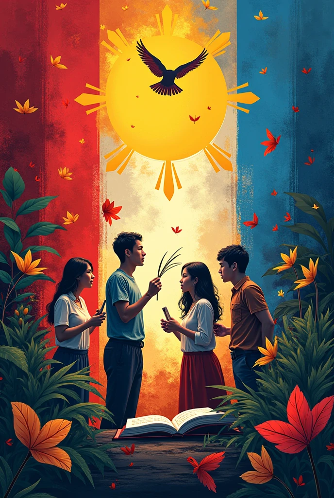 1. **Background**: Gumamit ng mga kulay ng bandila ng Pilipinas (pula, puti, asul, at dilaw) upang ipakita ang pagkakilanlan ng bansa.
2. **Visual Elements**:
- Isama ang mga imahe ng mga aklat, quill, o mga tao na nakikipag-usap upang ipakita ang wika.
- Maaaring magdag ng simbolo ng kalayaan, tulad ng ibon o bandila, na lumilipad.