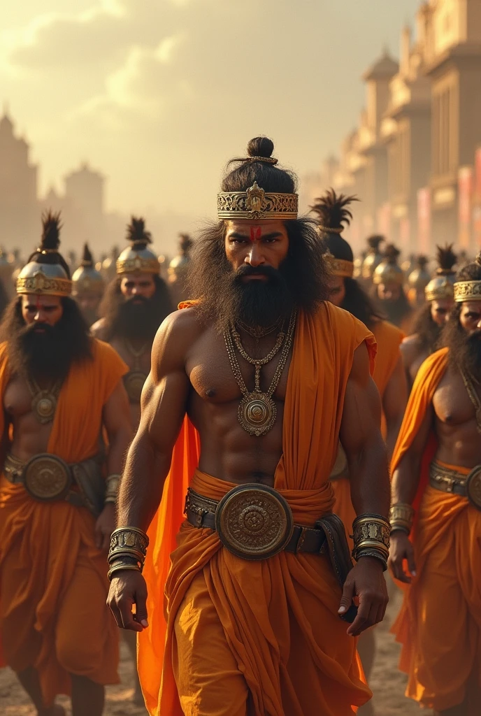  a backdrop depicting a battlefield with hundreds of Hanuman army of vaanara with huge muscular body with divine and devotional facial expressions. The image could show vaanara army walking strong and devotional by holding gada over shoulder, creating a sense of strength and determination. It would be quite an impactful wearing saffron cloth and mudgar.