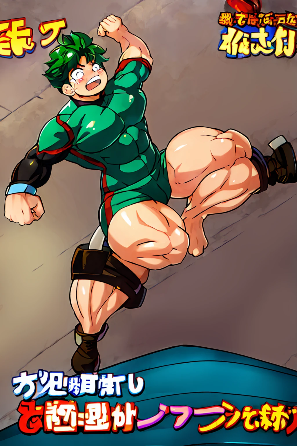 Huge muscles,Huge erect penis,On the roofs of Paris,Massive ,blushing cheeks,Green Hair,Green clothes,Hero Suit,Crying and distorting face in pain,Ejaculate