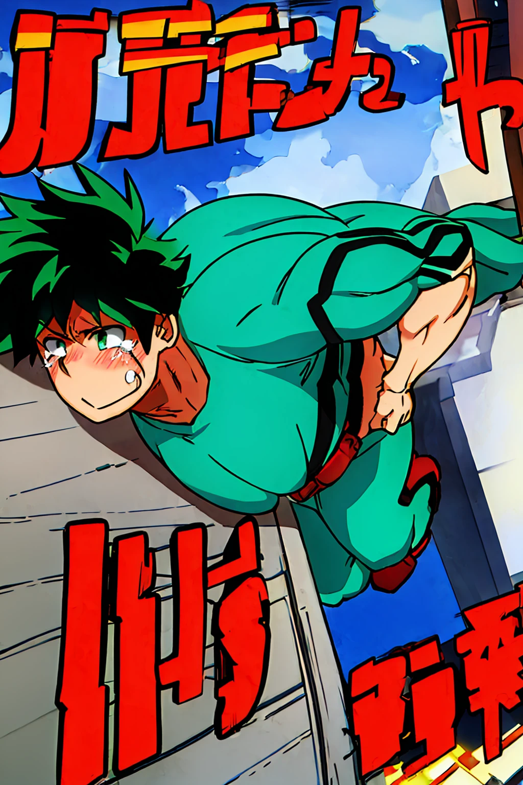 Huge muscles,Huge erect penis,On the roofs of Paris,Massive ,blushing cheeks,Green Hair,Green clothes,Hero Suit,Crying and distorting face in pain,Ejaculate