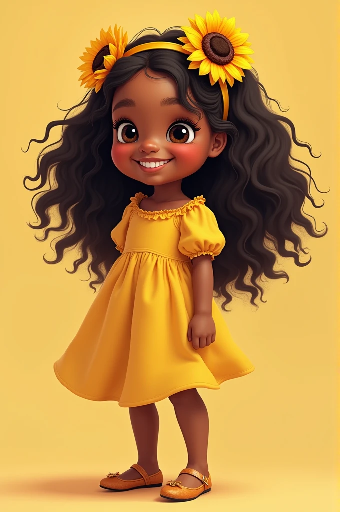 A beautiful happy black American kid wearing puff
dress with long hair, sunflower hair band n flat shoes