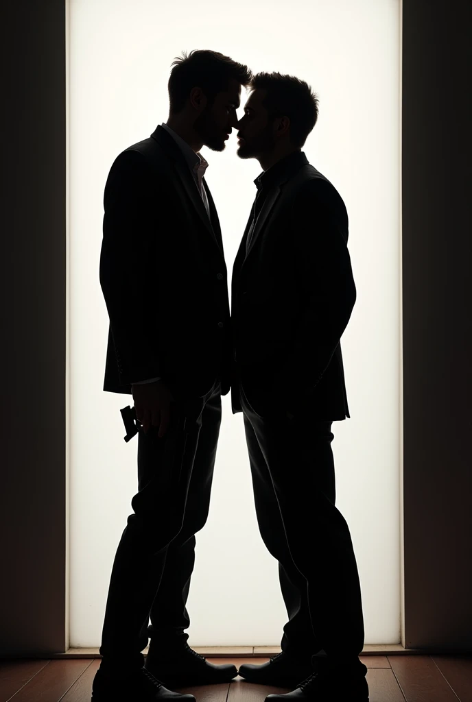 Create a dramatic, silhouetted scene featuring two figures of men in an intense moment of connection, their faces close together as if about to kiss. One of the figures holds a gun, adding an element of danger and intrigue to the scene. The background is a stark, lighted rectangle, contrasting with the dark silhouettes of the characters. The overall atmosphere should be mysterious and charged with tension, hinting at a story of forbidden love or a dangerous alliance.