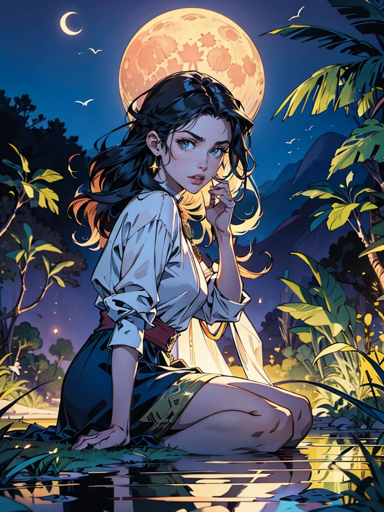"Moonlit priestess, tropical oasis, magical pond, nocturnal mysteries, ethereal enchantment"