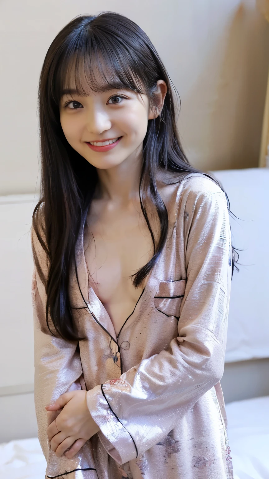 (8k、RAW Photos、Highest quality、masterpiece:1.2)、((Are thin、Very flat chest:1.7))、((night、Bedroom、smile:1.5))、((pajamas、Nipples:1.3))、(Realistic、Realistic)、1 girl、(On the bed、naked))、cute