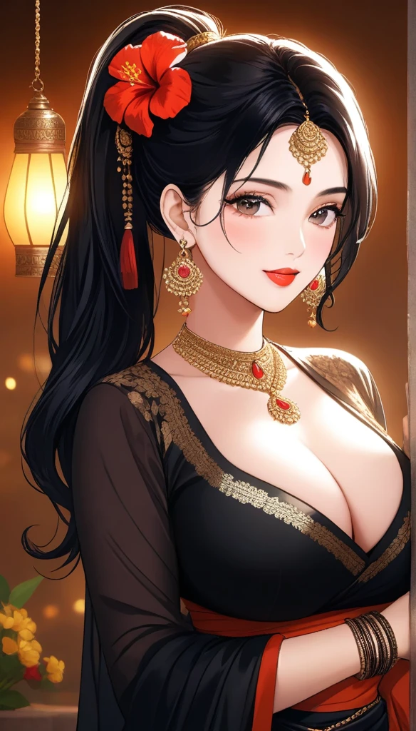 a beautiful mature woman in black saree, with wavy silky black hair in ponytail, detailed alluring eyes, beautiful detailed lips, wearing a full sleeve blouse,  long earrings, smiling with red lipstick, saggy breasts, holding a flower in her head, with mehendi on her hands, wearing multiple accessories including necklace, bangles, waist jewelry, leg chains, in a cinematic composition with dramatic lighting, vibrant colors, hyper detailed and photorealistic, masterpiece, 8k