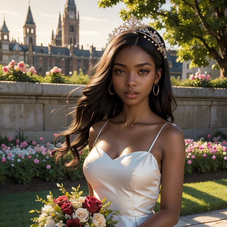 (masterpiece, best quality:1.5), highest quality, High resolution, super detailed, Realists, Upper body photo of a 22 year old black flower girl, dark skin, detailed and beautiful eyes, beautiful detailed lips, very detailed eyes and face, longeyelashes, 22-year-old woman in a dark green short dress made of shiny satin fabric, Beautiful and colorful makeup, elegant and noble々Pose,shiny satin headband, grind, Holding flowers, Gardens as background, soft daylight, bright colors, fine brushstrokes, Portrait style, Noble details in the dress fabric, beautiful color palette, glowing skin, First-class rendering, that captures every detail, enchanting atmosphere, subtle shadows and lights, (perfect anatomy:1.2), (The stunning 22-year-old flower girl carries a basket of rose petals. (magnificent panorama view:1.2)