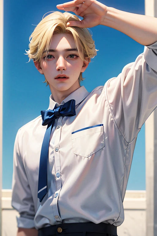 blond hair, white skin, Age 18, super detail, masterpiece, 8k, 1 boy, Handsome, Idol appearance, High Quality, refreshing, Blue, school background