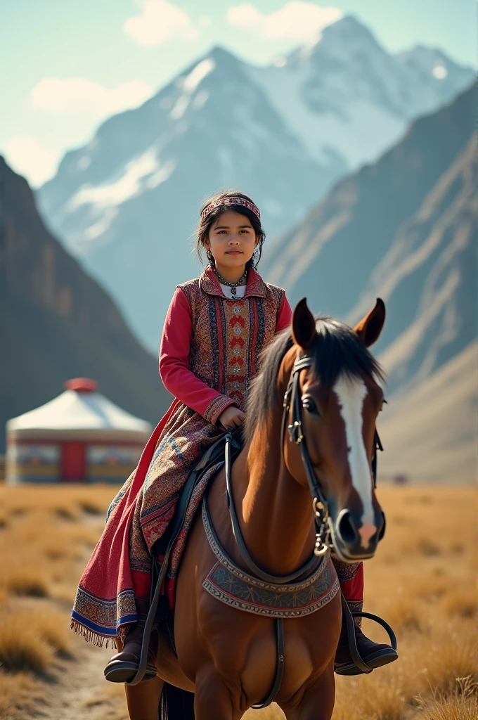 Take me a photo of a Kyrgyz girl riding a horse near the mountains. There is a yurt nearby.