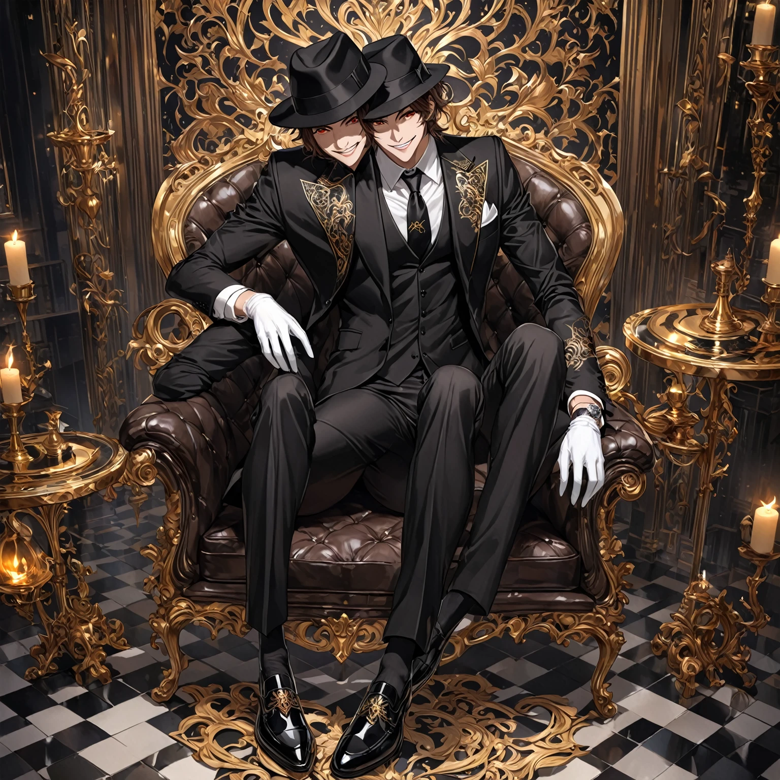 masterpiece, best quality, good quality, Highly detailed, shadowverse style, male, brown eyes, brown hair, modern aesthetic, evil smile, black formal suit with tie, white gloves, full body art, painted toe nails, wear black fedora hat