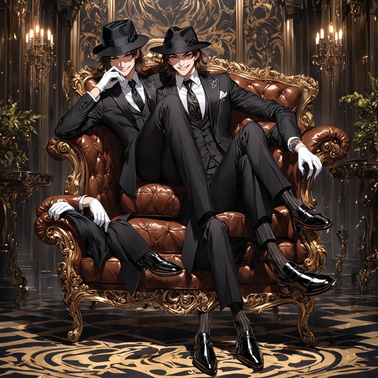 masterpiece, best quality, good quality, Highly detailed, shadowverse style, male, brown eyes, brown hair, modern aesthetic, evil smile, black formal suit with tie, white gloves, full body art, painted toe nails, wear black fedora hat