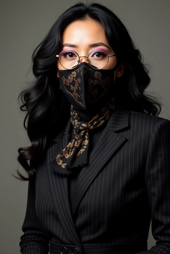 With long, curly black hair、Heavy makeup and purple eyeshadow、Around her neck she wears a ribbon-shaped satin black and gold patterned scarf.、Wearing gold-rimmed glasses、Wearing long gloves made of black floral lace、A Japanese woman in her 40s wearing a black striped suit、She is wearing a black face mask made of lace.