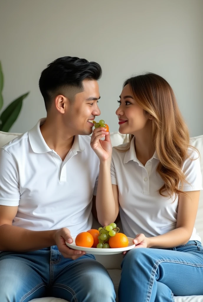 Photography of a couple sitting on a sofa, both wearing plain white polo shirts, blue jeans, a handsome young man of Indonesian descent aged 25, clean face, slicked back hair neatly combed, sitting on a white sofa. Beside him sits a beautiful Indonesian woman, long wavy hair of yellowish brown color, her hands feeding the young man grapes on a plate containing grapes and oranges that she is holding.
Family room background.