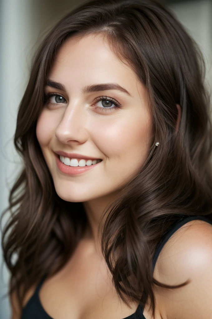 1 woman, (realist:1), Brown hair, by the wide, black eyes, happy, whole body,