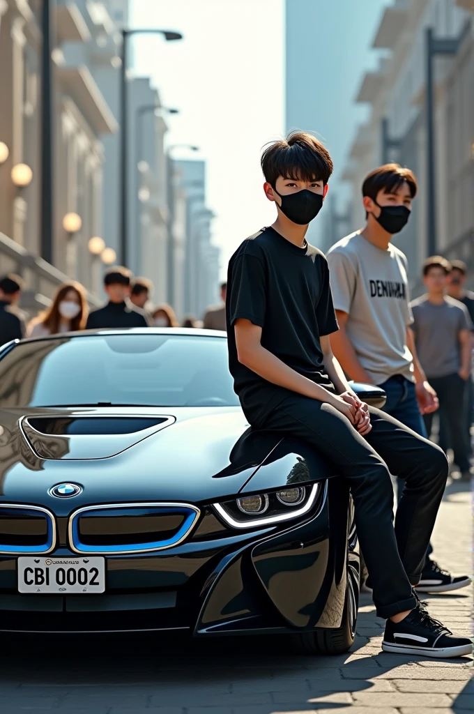 Put beautiful buildings in the background and put people around and blur the background. One boy is sitting on a BMW i8 black car and the number plate is CBI 0002. That boy is wearing a black casual shirt with black long patch jeans and a black mask on his hair. A 15-year-old boy wearing a Korean style has written DENUWAN on the front of his shirt.3d art painting realistic photo