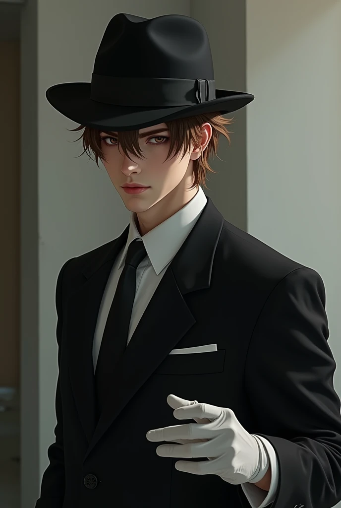 masterpiece, best quality, good quality, Highly detailed, shadowverse style, male, brown eyes, brown hair, modern aesthetic, evil smile, black formal suit with tie, white gloves, full body art, painted toe nails, wear black fedora hat