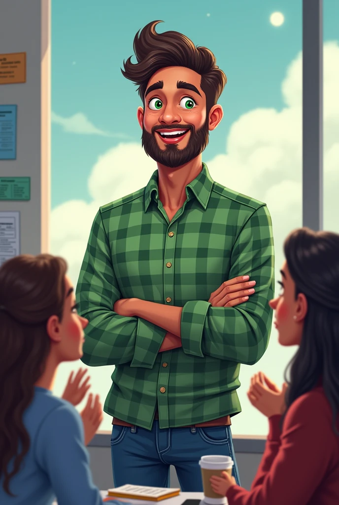 Manager managing employyes. Picture for his gratitude. Manager is bald and in tech domain. You can use coding theme. Cloud theme. Use his name Dipen. Not too bald. And he is tall. He wears green checks shirt and jeans. Make it lil cartoony. Less beard. Green eyes