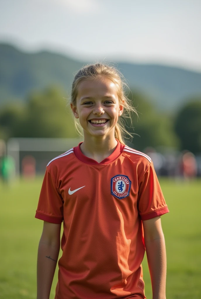 Une fille de 13 ans avec des cheveux blond, plus court que sur la photo. Elle sourit pour une photo et elle a un uniforme d'école gris avec un pantalon gris.