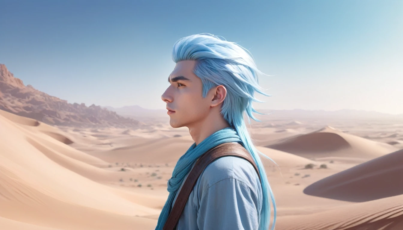 Beautifully drawn, high quality, Ultra-high-definition CG illustration of a young man with a calm expression, While staring into the distance、Her striking light blue hair sways gently in the desert breeze.. The view behind him is vast and breathtakingly beautiful., Immerse your audience in a world of wonder and exploration.