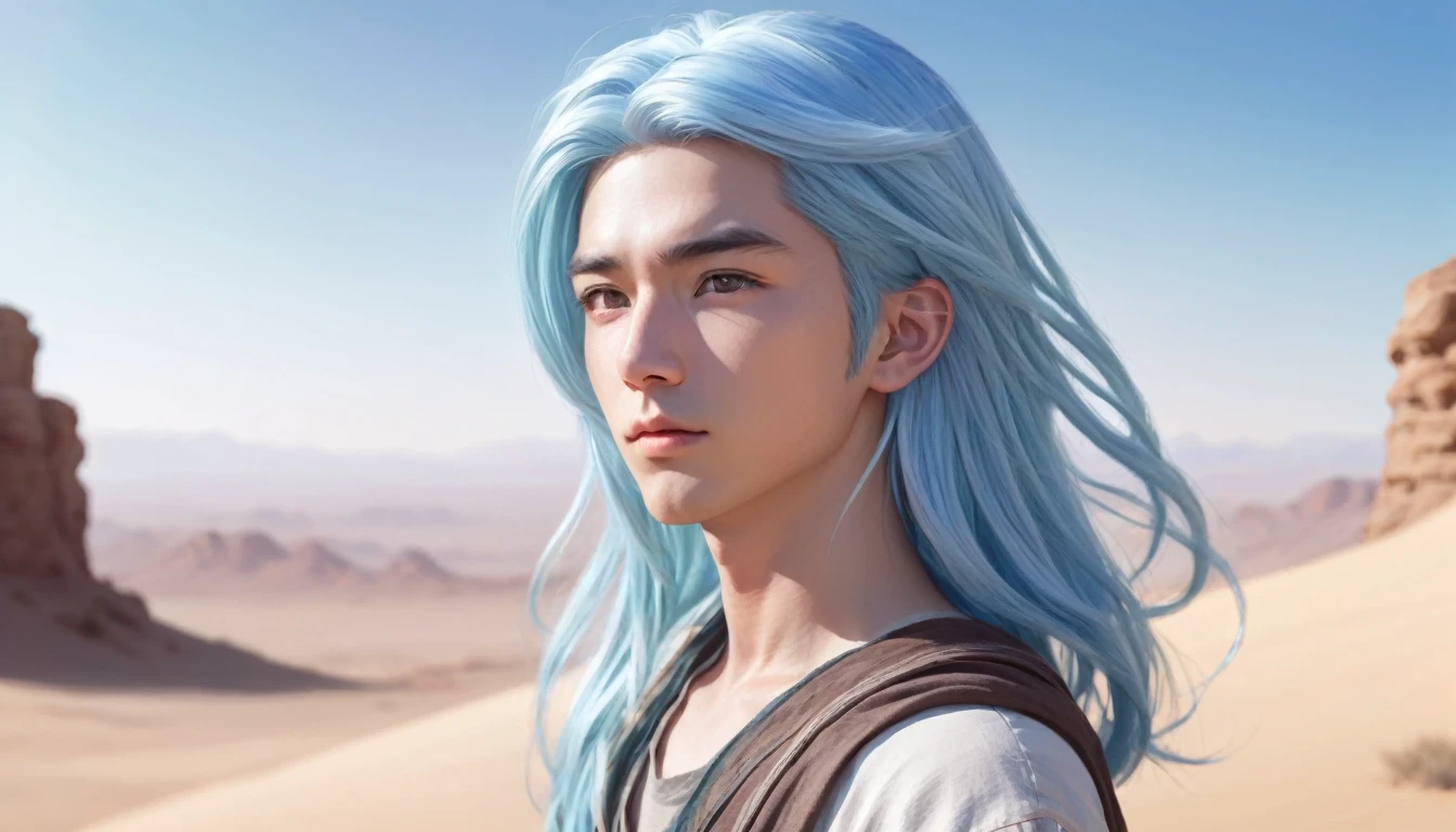 Beautifully drawn, high quality, Ultra-high-definition CG illustration of a young man with a calm expression, While staring into the distance、Her striking light blue hair sways gently in the desert breeze.. The view behind him is vast and breathtakingly beautiful., Immerse your audience in a world of wonder and exploration.
