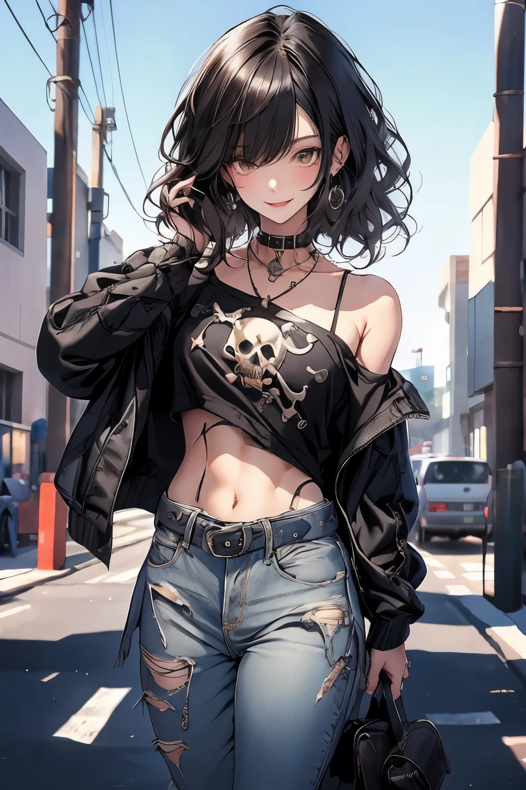 balck hair, to process black hair, Make part of balck hairesBackground blur, ​masterpiece, best quality, Looking at the viewer, smile, open mouth, smile, 