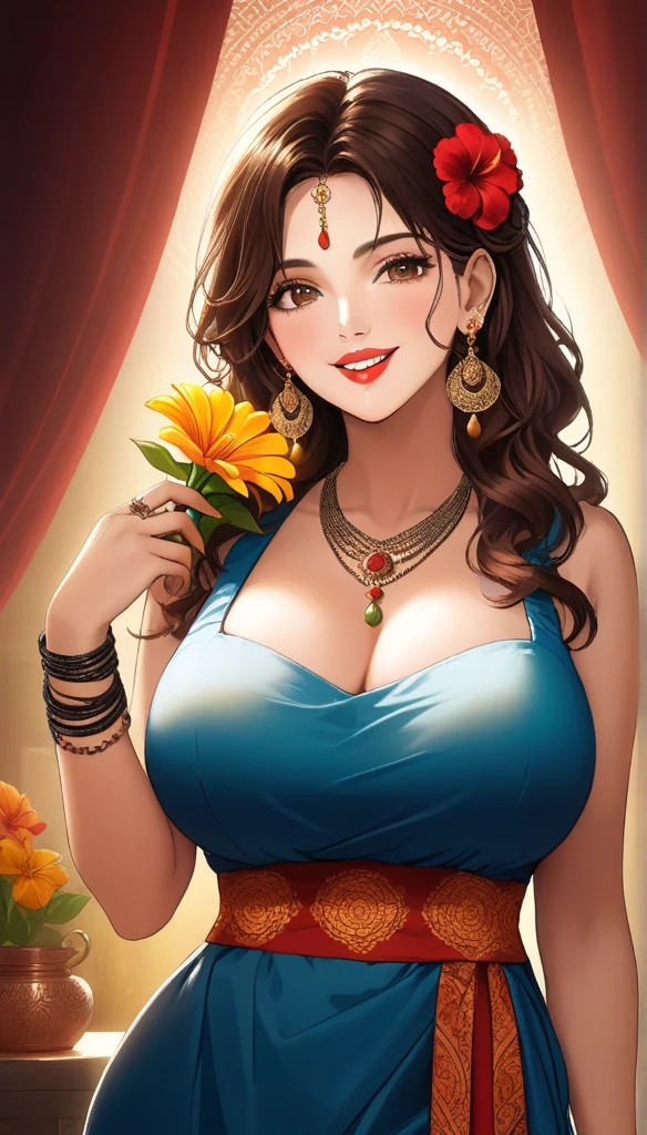 a beautiful mature woman in apron, with wavy silky brown hair, detailed alluring eyes, beautiful detailed lips, long earrings, smiling with red lipstick, saggy breasts, holding a flower in her head, with mehendi on her hands, wearing multiple accessories including necklace, bangles, waist jewelry, leg chains, in a cinematic composition with dramatic lighting, vibrant colors, hyper detailed and photorealistic, masterpiece, 8k