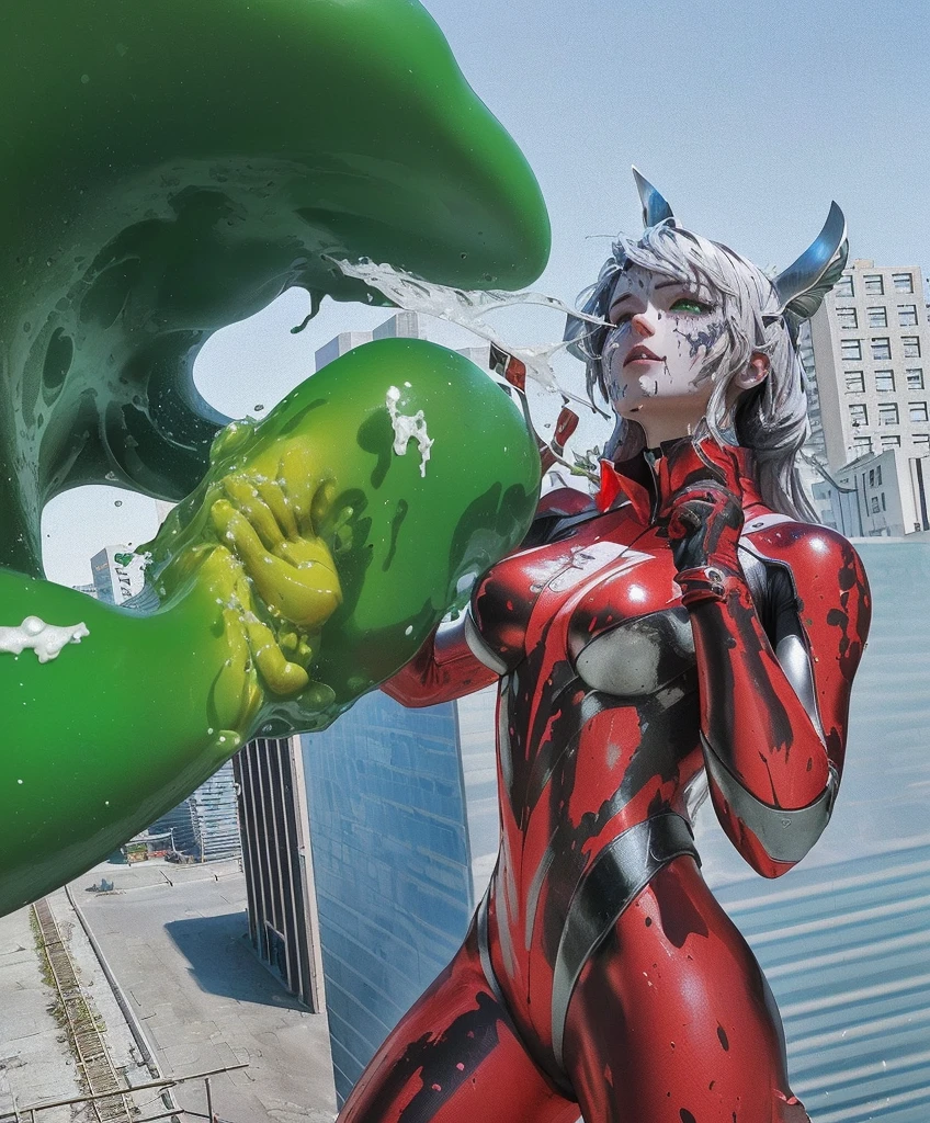There is a statue of a woman in a green and red suit, CG Art, Highly detailed shot of a giantess, close up照片, The face is stained with white slime, close up, Yoshitaka Amano Octane Rendering, Amano Yoshitaka realistic, Inspired by Alex Ross, Guyville style, Giantess Art, Hirome Giant, Close combat