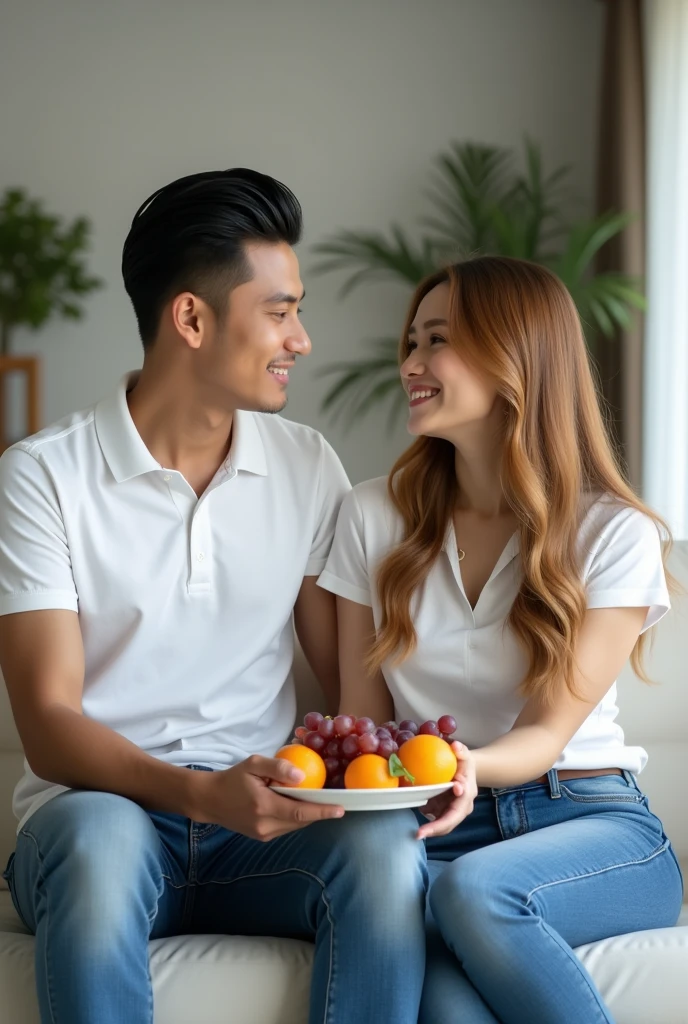 Photography of a couple sitting on a sofa, both wearing plain white polo shirts, blue jeans, a handsome young man of Indonesian descent aged 25, clean face, slicked back hair neatly combed, sitting on a white sofa. Beside him sits a beautiful Indonesian woman, long wavy hair of yellowish brown color, her hands feeding the young man grapes on a plate containing grapes and oranges that she is holding.
Family room background.
