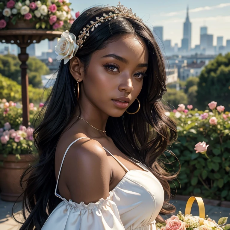 (masterpiece, best quality:1.5), highest quality, High resolution, super detailed, Realists, Upper body photo of a 22 year old black flower girl, dark skin, detailed and beautiful eyes, beautiful detailed lips, very detailed eyes and face, longeyelashes, 22-year-old woman in a dark green short dress made of shiny satin fabric, Beautiful and colorful makeup, elegant and noble々Pose,shiny satin headband, grind, Holding flowers, Gardens as background, soft daylight, bright colors, fine brushstrokes, Portrait style, Noble details in the dress fabric, beautiful color palette, glowing skin, First-class rendering, that captures every detail, enchanting atmosphere, subtle shadows and lights, (perfect anatomy:1.2), (The stunning 22-year-old flower girl carries a basket of rose petals. (magnificent panorama view:1.2)