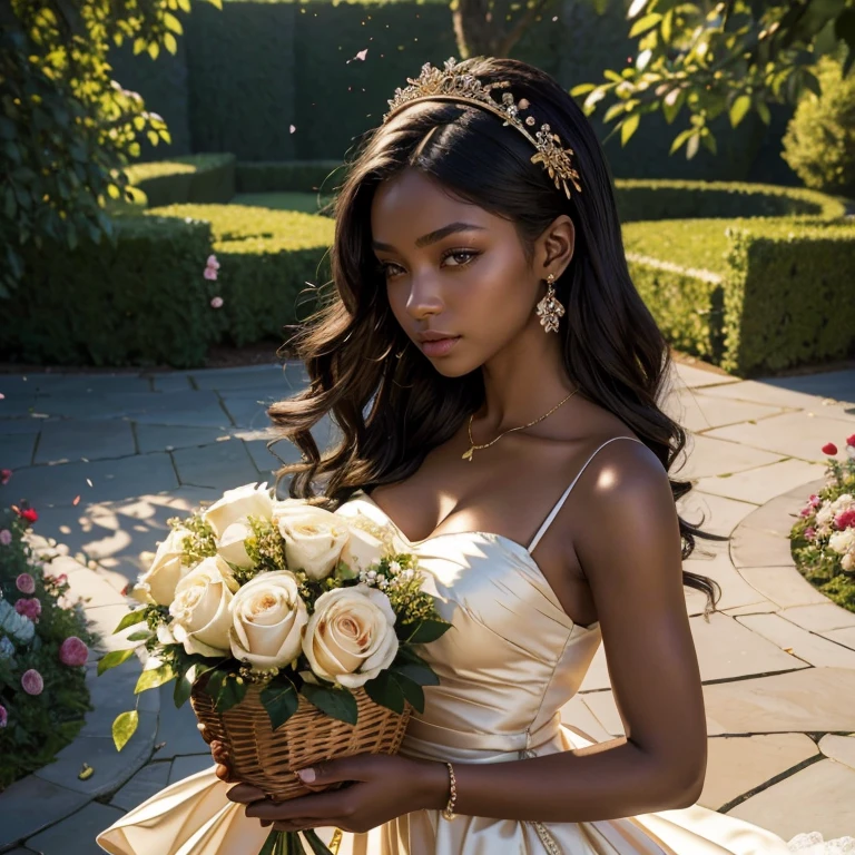 (masterpiece, best quality:1.5), highest quality, High resolution, super detailed, Realists, Upper body photo of a 22 year old black flower girl, dark skin, detailed and beautiful eyes, beautiful detailed lips, very detailed eyes and face, longeyelashes, 22-year-old woman in a dark green short dress made of shiny satin fabric, Beautiful and colorful makeup, elegant and noble々Pose,shiny satin headband, grind, Holding flowers, Gardens as background, soft daylight, bright colors, fine brushstrokes, Portrait style, Noble details in the dress fabric, beautiful color palette, glowing skin, First-class rendering, that captures every detail, enchanting atmosphere, subtle shadows and lights, (perfect anatomy:1.2), (The stunning 22-year-old flower girl carries a basket of rose petals. (magnificent panorama view:1.2)