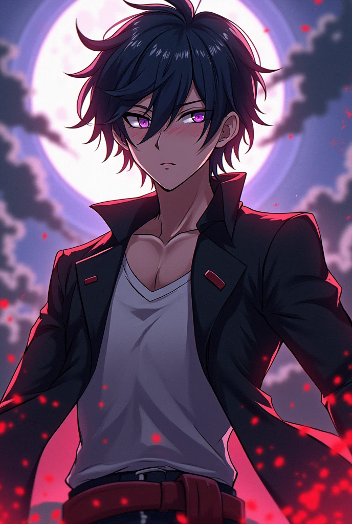 I need an anime-type image of Mushoku Tensei Recarnation animation, A boy of 1.90 tall, black hair with reddish-violet highlights, masculine but fine face, eyes completely white, a muscular and scarred mesomorph body, a scar on the left eye, light brown skin