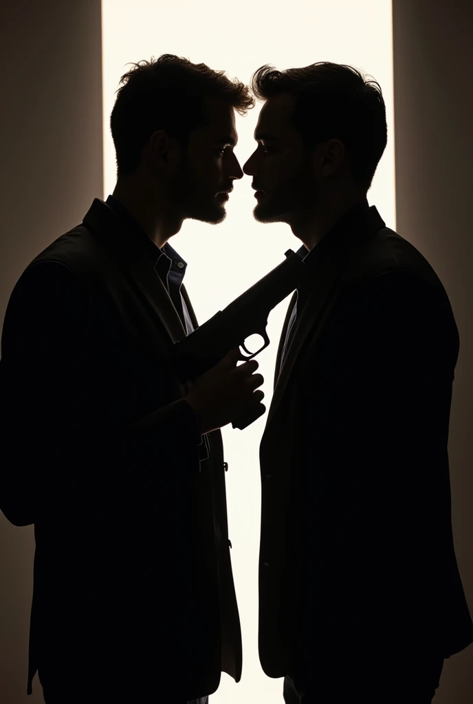 Create a dramatic, silhouetted scene featuring two figures of men in an intense moment of connection, their faces close together as if about to kiss. One of the figures holds a gun, adding an element of danger and intrigue to the scene. The background is a stark, lighted rectangle, contrasting with the dark silhouettes of the characters. The overall atmosphere should be mysterious and charged with tension, hinting at a story of forbidden love or a dangerous alliance.