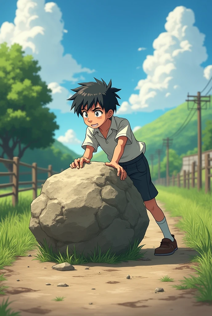 . The school boysees a rock along his path blocking the way.so he decided to move it by pushing it