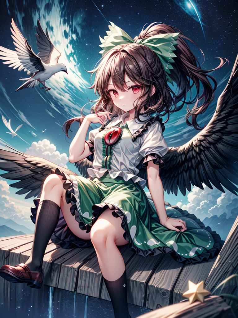 1girl, reiuji utsuho (touhou), red eyes, long hair, black hair, brown hair, ponytail, bird wings, black wings, third eye, third eye on chest, blouse, white shirt, collared shirt, frilled shirt collar, center frills, buttons, puffy short sleeves, green skirt, frilled skirt, black kneehighs, mismatched footwear, single shoe, white cape, starry sky print, hair bow, green bow, control rod, arm cannon, atom