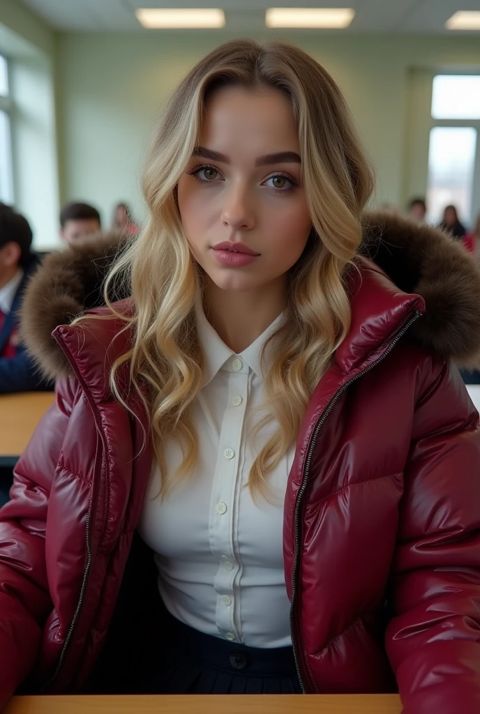 cute 16 year old English teenage girl ,wearing a very large dark red burgundy tight shiny puffer coat, very thick eyebrows, photorealistic, masterpiece, moncler, fluffy fur hood, , wavy hair, large breasts, open coat, school uniform, very tight white blouse, pleated skirt, heavy makeup, lipstick, dyed blonde hair, chavvy, chav, attitude, pouting, sitting in classroom, dark foundation, very tight clothing