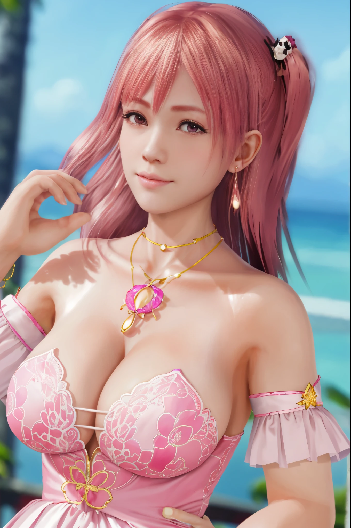 honoka, close up, face, portrait, wondering look, add_detail:1, feminine muscles ,pink hair,Cleavage,necklace,earrings,Huge breasts,超级Huge breasts,Japanese Beauty,White clothing