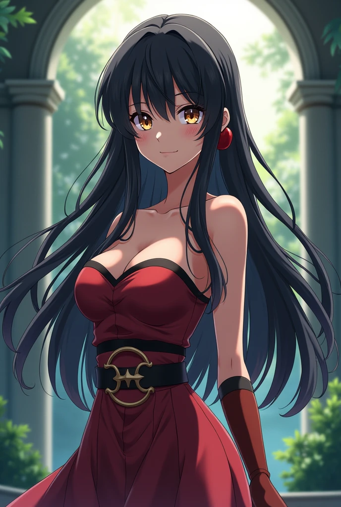 Anime girl with black long hair with bangs, brown eyes, hourglass waist, healthy slim, pretty, attractive, cute, 164cm, with jujutsu kaisen artstyle, small boobs, jujutsu kaisen artstyle!, hot, with curse technique, beside is megumi, small tits