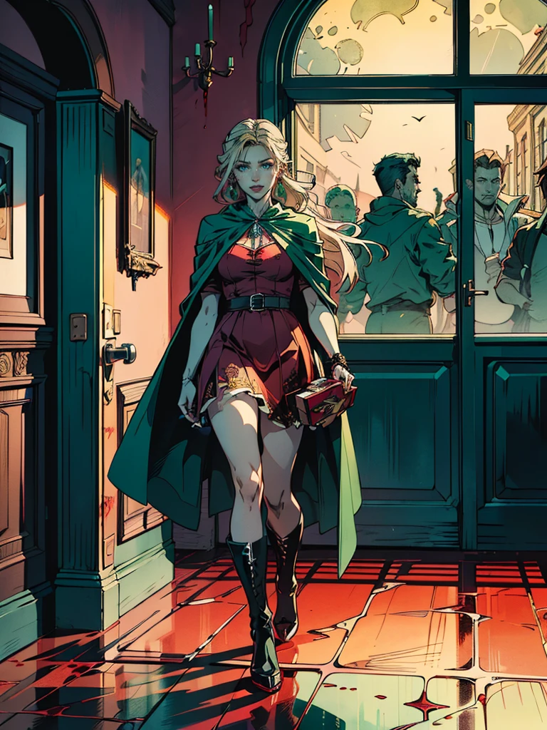 a picture of vampire standing in the front of her home holding a (blood: 1.3) dripping (gift box: 1.5), an exquisite beautiful female vampire in her front door of her home, full body (ultra detailed, Masterpiece, best quality), ultra detailed face (ultra detailed, Masterpiece, best quality), grey skin: 1.3 , blond hair, hair in a ponytail, long hair, blue eyes, cold eyes, glowing eyes, intense eyes, smile with [drops of blood on face] (ultra detailed, Masterpiece, best quality), dark red lips, [vampire fangs], wearing red dress (ultra detailed, Masterpiece, best quality), (green: 1.4) dark green cloak, (green: 1.3) green high heeled boots in front of her home, holding a (white: 1.4) gift box dripping red blood GlowingRunes_red (ultra detailed, Masterpiece, best quality, high details, best quality, 16k, [ultra detailed], masterpiece, best quality, (ultra detailed), full body, ultra wide shot, photorealism, luis royo style, dark fantasy art, moon light coming through the window, moon rays, gothic art, sense of dread, sense of seduction, bloodmagic,