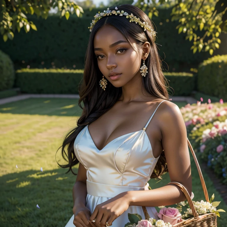 (​masterpiece, best quality:1.5), highest quality, High resolution, super detailed, Realists, Upper body photo of a 22 year old black flower girl, dark skin, detailed and beautiful eyes, beautiful detailed lips, very detailed eyes and face, longeyelashes, 22-year-old woman in a light green short dress made of shiny satin fabric, Beautiful and colorful makeup, elegant and noble々Pose,shiny satin headband, grind, Holding flowers, Gardens as background, soft daylight, bright colors, fine brushstrokes, Portrait style, Noble details in the dress fabric, beautiful color palette, glowing skin, First-class rendering, that captures every detail, enchanting atmosphere, subtle shadows and lights, (perfect anatomy:1.2), (The stunning 22-year-old flower girl carries a basket of rose petals. (magnificent panorama view:1.2)