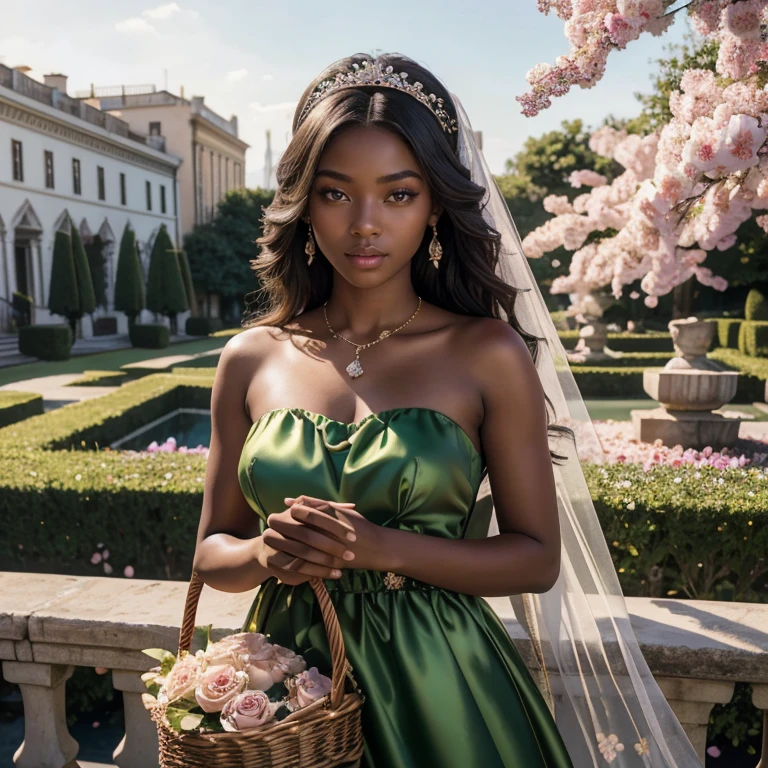 (masterpiece, best quality:1.5), highest quality, High resolution, super detailed, Realists, Upper body photo of a 22 year old black flower girl, dark skin, detailed and beautiful eyes, beautiful detailed lips, very detailed eyes and face, longeyelashes, 22-year-old woman in a light green short dress made of shiny satin fabric, Beautiful and colorful makeup, elegant and noble々Pose,shiny satin headband, grind, Holding flowers, Gardens as background, soft daylight, bright colors, fine brushstrokes, Portrait style, Noble details in the dress fabric, beautiful color palette, glowing skin, First-class rendering, that captures every detail, enchanting atmosphere, subtle shadows and lights, (perfect anatomy:1.2), (The stunning 22-year-old flower girl carries a basket of rose petals. (magnificent panorama view:1.2)
