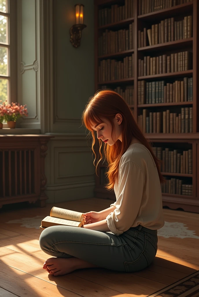Make 4k picture of alone girl, using sitting on the libary floor