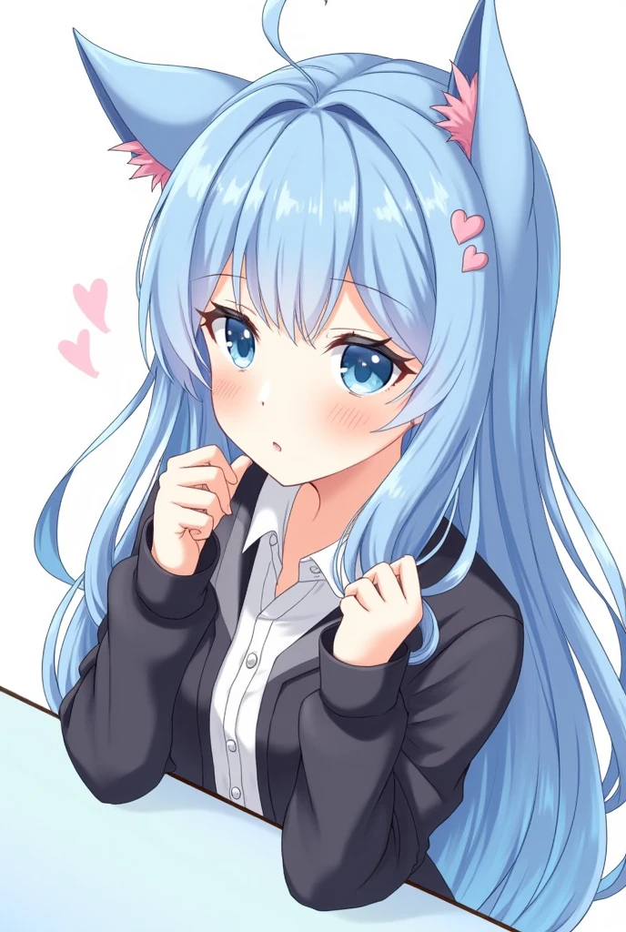 One girl, Animal ears, blue eyes, Long Hair, Blue Hair, Long sleeve, bangs, Cat ear, heart, Mouth closed, Upper Body, Focus Only, hair ornaments, Sleeves are longer than the wrist, blush, White Background, collared shirt, Simple Background, shirt, View your viewers, Jacket, black Jacket, One side up, Hair between the eyes, Slope, ;3, Slope background, Blue background, Oral sex,Blowjob,nsfw,Sperm on face,Open your mouth,saliva,In heat,Porn,Licking the penis,Sexual expressions,Ecstatic