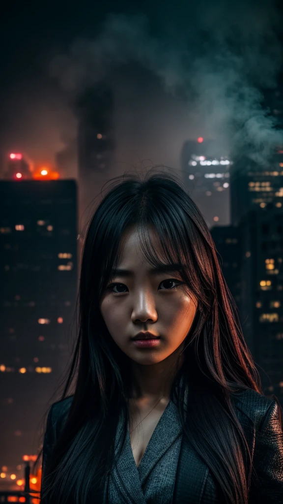 Korean girl 35mm lens, photography, ultra-detailed, HDR, UHD, 8K, portraits, dark atmosphere, menacing expression, smoke effects, dynamic pose, ruined cityscape, intense shadows, vibrant colors,