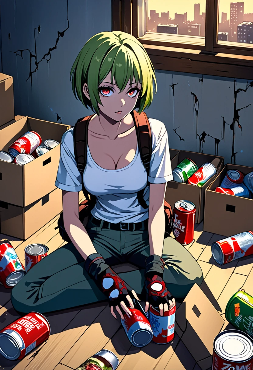 anime style, highest quality, girl of 20 years old, Normal breast, short hair, in a short, tight top with separate sleeves, in trousers, the backpack is lying on the floor near the wall, fingerless gloves, sitting on a chair in the apartment, boarded-up windows, Lights off, there are boxes of canned goods in the room, Zombie Apocalypse