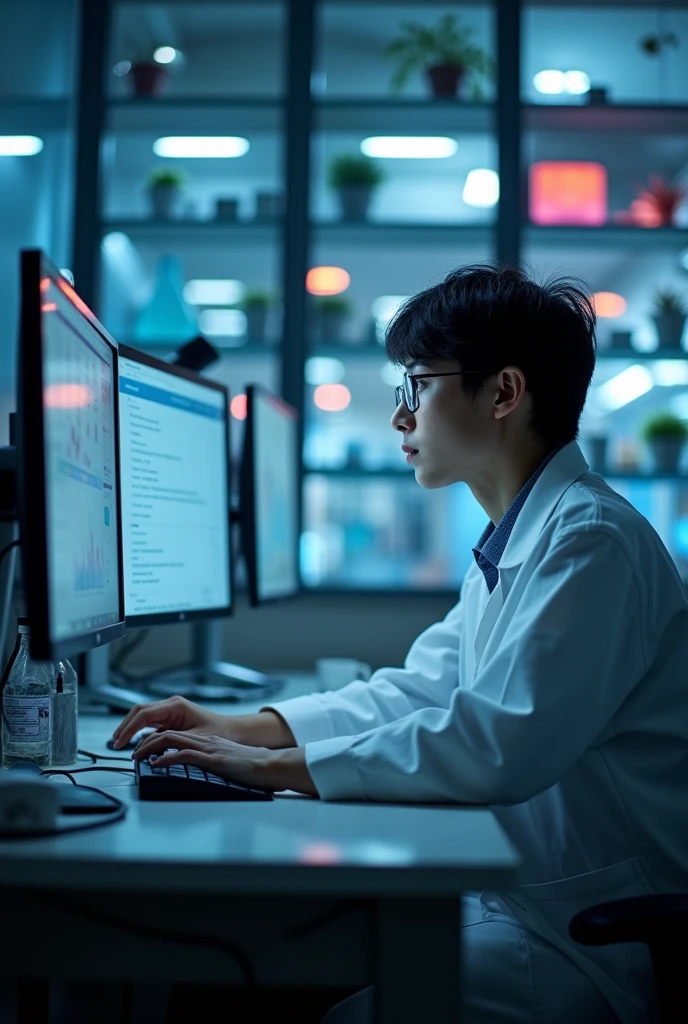 In the morning, a Chinese researcher sat at a computer in the lab looking for literature