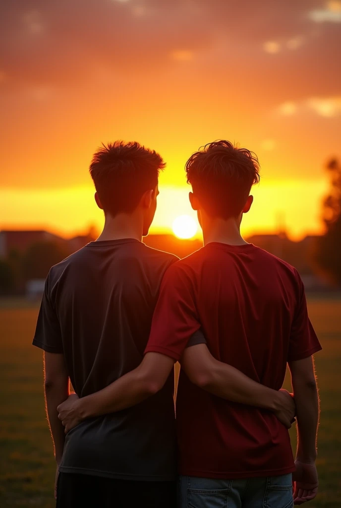 boy love genre, one is highschool student, other is late 20s movie director. they are watching sunset together in the school football field